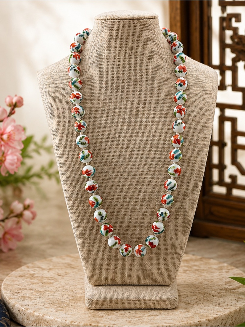 Hand-Painted Fantail Goldfish Ceramic Bead Necklace in White, Red & Green - Picture 2 of 5